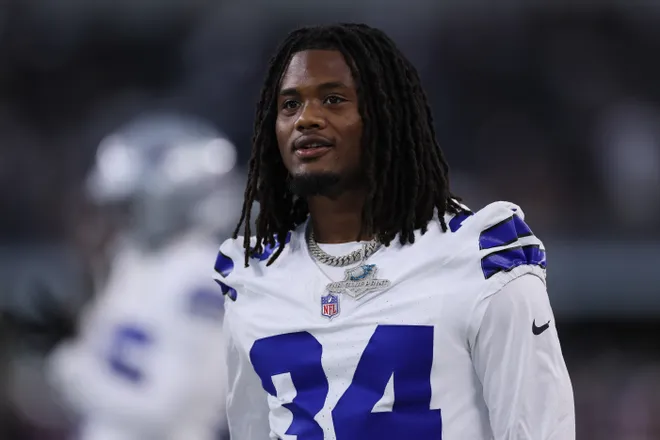 ARLINGTON, TEXAS - AUGUST 16: Jaydon Blue #34 of the Dallas Cowboys looks on prior to the NFL Preseason 2025 game against the Baltimore Ravens at AT&T Stadium on August 16, 2025 in Arlington, Texas. (Photo by Sam Hodde/Getty Images)
