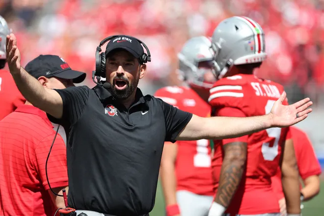 Aug 30, 2025; Columbus, Ohio, USA; Ohio State Buckeyes head coach Ryan Day reacts against the Texas Longhorns in the second half at Ohio Stadium. Mandatory Credit: Joseph Maiorana-Imagn Images