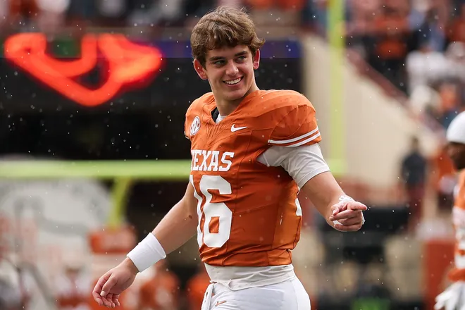 AUSTIN, TEXAS - NOVEMBER 01: Arch Manning #16 of the Texas Longhorns reacts during the fourth quarter of the game against the Vanderbilt Commodores at Darrell K Royal-Texas Memorial Stadium on November 01, 2025 in Austin, Texas. (Photo by Kenneth Richmond/Getty Images)