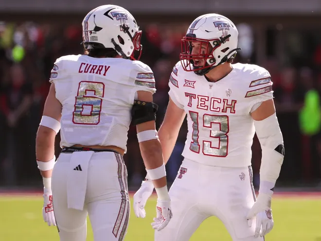 Texas Tech linebackers Ben Roberts and John Curry react to a play against BYU during a Big 12 Conference football game, Saturday, Nov. 8, 2025, at Jones AT&T Stadium.