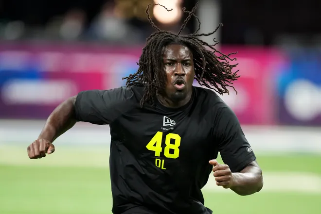 Feb 26, 2026; Indianapolis, IN, USA; UCF defensive lineman Malachi Lawrence (DL48) during the NFL Scouting Combine at Lucas Oil Stadium. Mandatory Credit: Kirby Lee-Imagn Images