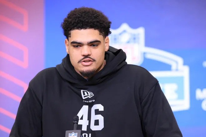 INDIANAPOLIS, INDIANA - FEBRUARY 28: Drew Shelton of the Penn State Nittany Lions speaks to the media during the 2026 NFL Scouting Combine at Lucas Oil Stadium on February 28, 2026 in Indianapolis, Indiana. (Photo by Justin Casterline/Getty Images)