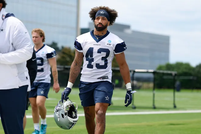 May 1, 2026; Frisco, TX, USA; Dallas Cowboys running back Dominic Richardson (43) walks off the field after practice at the Ford Center at the Star Training Facility in Frisco, Texas. Mandatory Credit: Chris Jones-Imagn Images