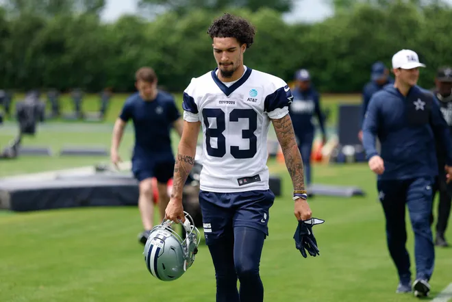 May 1, 2026; Frisco, TX, USA; Dallas Cowboys wide receiver Anthony Smith (83) walks off the field after practice at the Ford Center at the Star Training Facility in Frisco, Texas. Mandatory Credit: Chris Jones-Imagn Images