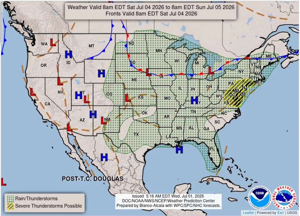 Forecast map for the contiguous United States on Saturday. Texas will be sandwiched between two high pressure systems on July 4. (Weather Prediction Center)