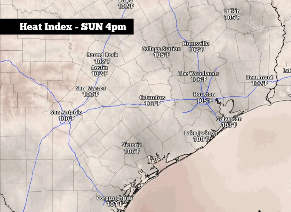 Shown are the anticipated heat index values across the region at 4 p.m. Sunday afternoon. (Pivotal Weather)