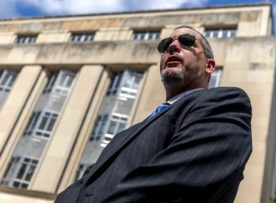 Robert Leahey, attorney for Nathan Baumann, speaks to media in front of the Federal Courthouse during the sentencings in the Prairieland Ice Detention Center terrorism case on Wednesday, July 1, 2026, in Fort Worth, Texas.