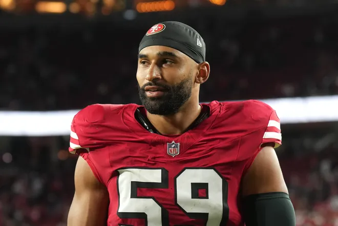 Oct 19, 2025; Santa Clara, California, USA; San Francisco 49ers linebacker Curtis Robinson (59) after the game against the Atlanta Falcons at Levi's Stadium. Mandatory Credit: Darren Yamashita-Imagn Images