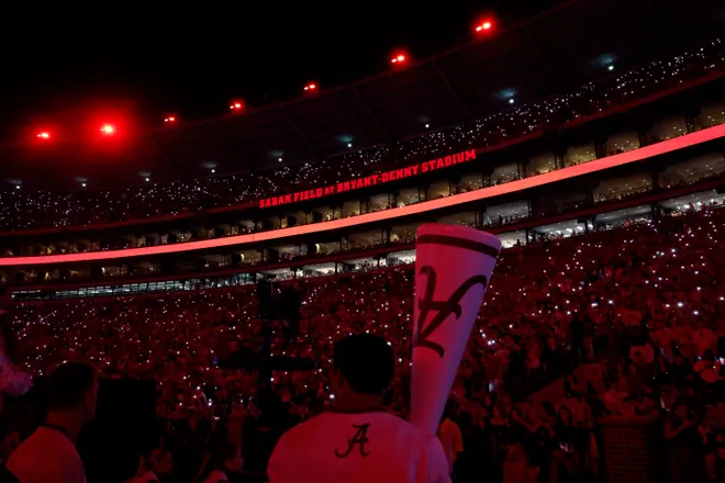 TUSCALOOSA, ALABAMA - NOVEMBER 15: Light show during the fourth quarter of a football game between the Alabama Crimson Tide and the Oklahoma Sooners at Bryant Denny Stadium on November 15, 2025 in Tuscaloosa, Alabama. (Photo by Butch Dill/Getty Images)