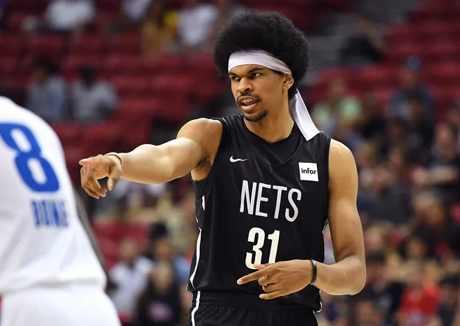 Jul 13, 2019; Las Vegas, NV, USA; Brooklyn Nets center Jarrett Allen (31) reacts on the court during the second half of an NBA Summer League game against the Detroit Pistons at Thomas & Mack Center. Mandatory Credit: Stephen R. Sylvanie-USA TODAY Sports