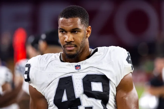 Aug 23, 2025; Glendale, Arizona, USA; Las Vegas Raiders defensive end Charles Snowden (49) against the Arizona Cardinals during a preseason NFL game at State Farm Stadium. Mandatory Credit: Mark J. Rebilas-Imagn Images
