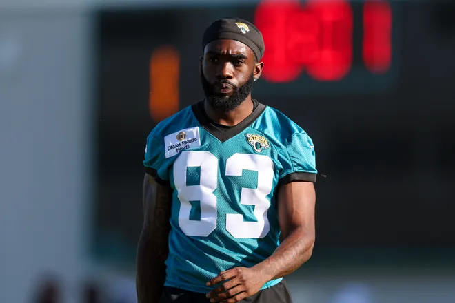 Jul 24, 2024; Jacksonville, FL, USA; Jacksonville Jaguars wide receiver Denzel Mims (83) participates in training camp at Miller Electric Center. Mandatory Credit: Nathan Ray Seebeck-USA TODAY Sports