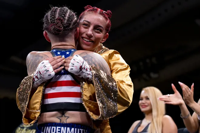 El Paso flyweight Nayeli Rodriguez hugs Katherine Lindenmuth after their bout during Kings Promotions' Ring Wars 23 boxing card at the El Paso County Coliseum on Saturday, July 18, 2026.