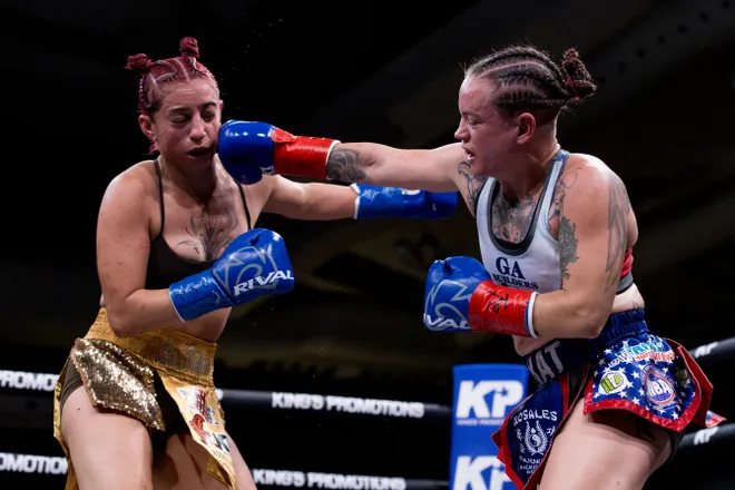 Katherine Lindenmuth, right, punches El Paso flyweight Nayeli Rodriguez during Kings Promotions' Ring Wars 23 boxing card at the El Paso County Coliseum on Saturday, July 18, 2026.
