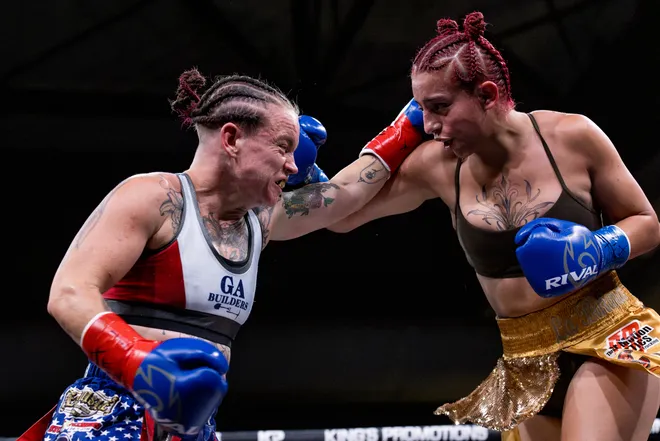 El Paso flyweight Nayeli Rodriguez, right, punches Katherine Lindenmuth during Kings Promotions' Ring Wars 23 boxing card at the El Paso County Coliseum on Saturday, July 18, 2026.