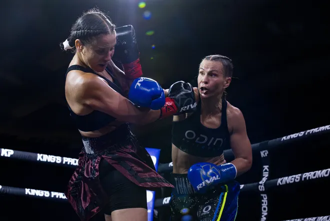 Bantamweight Katharina Thanderez, right, lands a punch on Michaeue Nogue during Kings Promotions' Ring Wars 23 boxing card at the El Paso County Coliseum on Saturday, July 18, 2026. Thanderez won by split decision.