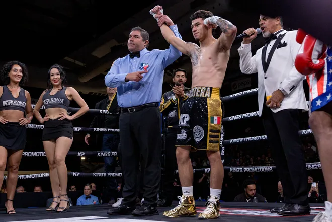 El Paso super featherweight Pedro Rodarte celebrates after defeating Fort Worth super featherweight Davion Edwards by first-round knockout during Kings Promotions' Ring Wars 23 boxing card at the El Paso County Coliseum on Saturday, July 18, 2026.