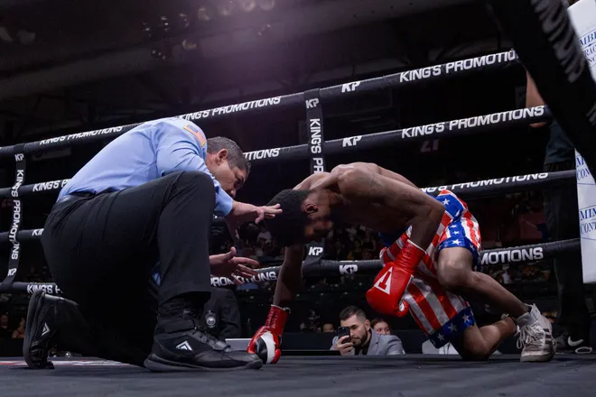 Fort Worth super featherweight Davion Edwards falls after being knocked down by El Paso's Pedro Rodarte during Kings Promotions' Ring Wars 23 boxing card at the El Paso County Coliseum on Saturday, July 18, 2026. Rodarte won by first-round knockout.