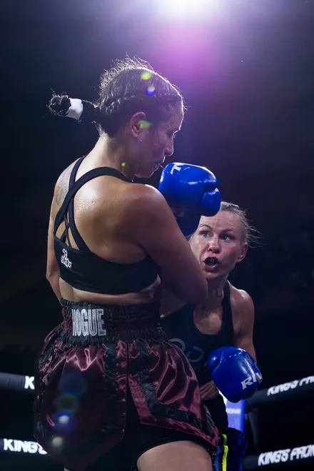 Bantamweight Katharina Thanderez, right, throws a punch at Michaeue Nogue during Kings Promotions' Ring Wars 23 boxing card at the El Paso County Coliseum on Saturday, July 18, 2026. Thanderez won by split decision.