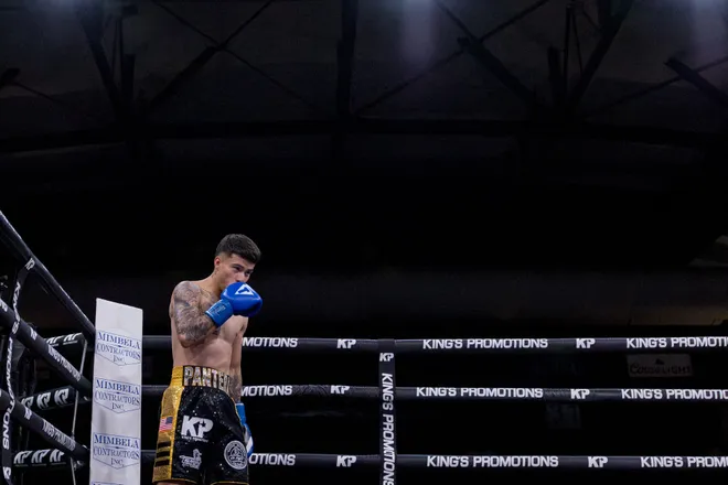 El Paso super featherweight Pedro Rodarte celebrates after knocking out Fort Worth's Davion Edwards during Kings Promotions' Ring Wars 23 boxing card at the El Paso County Coliseum on Saturday, July 18, 2026. Rodarte won by first-round knockout.