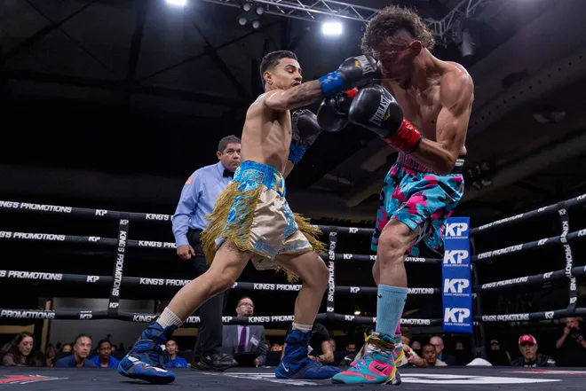 Las Cruces super flyweight D'Angelo Sanchez, left, punches Austin Lewis during their bout at Kings Promotions' Ring Wars 23 at the El Paso County Coliseum on Saturday, July 18, 2026. Sanchez won by first-round stoppage at 2:08.
