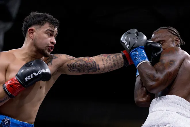 Argentina's Kevin Brizuela, left, lands a left jab on El Paso cruiserweight Dominic Barry during Kings Promotions' Ring Wars 23 at the El Paso County Coliseum on Saturday, July 18, 2026.