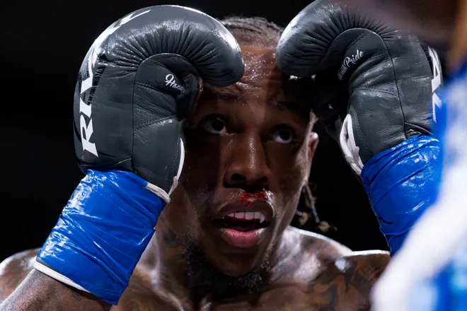 El Paso cruiserweight Dominic Barry keeps his gloves high during his bout against Argentina's Kevin Brizuela at Kings Promotions' Ring Wars 23 at the El Paso County Coliseum on Saturday, July 18, 2026.