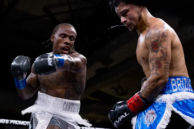 El Paso cruiserweight Dominic Barry, left, punches Argentina's Kevin Brizuela during Kings Promotions' Ring Wars 23 at the El Paso County Coliseum on Saturday, July 18, 2026.