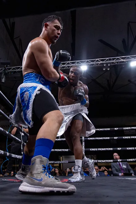 El Paso cruiserweight Dominic Barry, left, punches Argentina's Kevin Brizuela during Kings Promotions' Ring Wars 23 at the El Paso County Coliseum on Saturday, July 18, 2026.