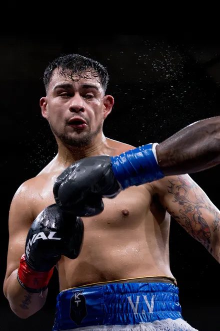 Argentina's Kevin Brizuela reacts after getting a punch from El Paso cruiserweight Dominic Barry during Kings Promotions' Ring Wars 23 at the El Paso County Coliseum on Saturday, July 18, 2026.