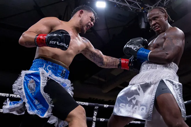 Argentina's Kevin Brizuela, left, punches El Paso cruiserweight Dominic Barry during Kings Promotions' Ring Wars 23 at the El Paso County Coliseum on Saturday, July 18, 2026.