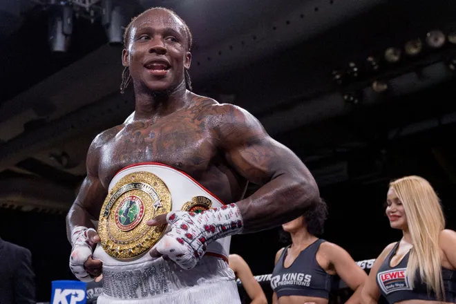 El Paso cruiserweight Dominic Barry poses with his championship belt after defeating Argentina's Kevin Brizuela by majority decision during Kings Promotions' Ring Wars 23 at the El Paso County Coliseum on Saturday, July 18, 2026.