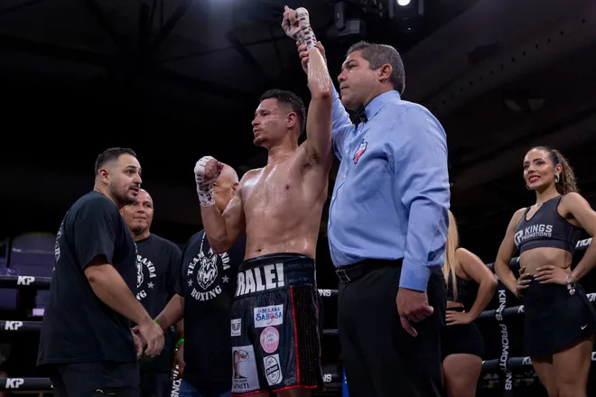 El Paso junior middleweight Victor Aranda, left, celebrates after defeating New Mexico's Elija Martinez by split decision during Kings Promotions' Ring Wars 23 at the El Paso County Coliseum on Saturday, July 18, 2026.