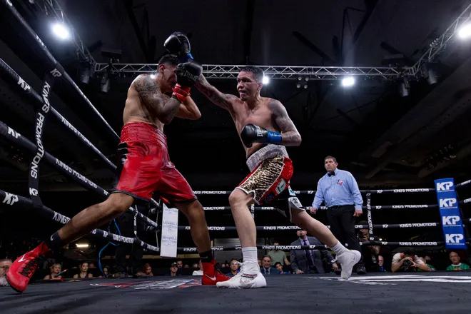 El Paso super middleweight Jorge Tovar, right, punches Ulices Tovar during their bout at Kings Promotions' Ring Wars 23 at the El Paso County Coliseum on Saturday, July 18, 2026.