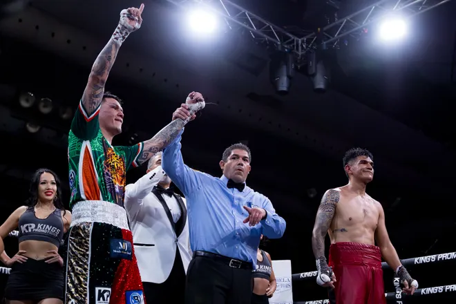 El Paso super middleweight Jorge Tovar celebrates after defeating Ulices Tovar by unanimous decision at Kings Promotions' Ring Wars 23 at the El Paso County Coliseum on Saturday, July 18, 2026.