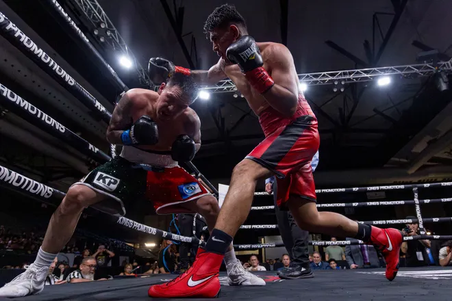 El Paso super middleweight Jorge Tovar, left, ducks away from a punch thrown by Ulices Tovar during their bout at Kings Promotions' Ring Wars 23 at the El Paso County Coliseum on Saturday, July 18, 2026. Jorge Tovar won by unanimous decision.