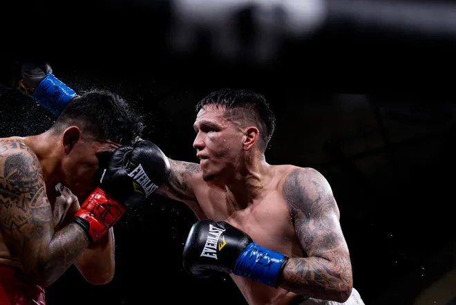 El Paso super middleweight Jorge Tovar, right, punches Ulices Tovar during their bout at Kings Promotions' Ring Wars 23 at the El Paso County Coliseum on Saturday, July 18, 2026.
