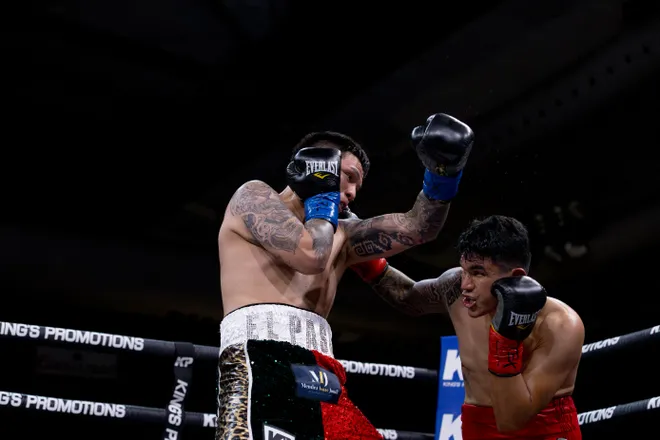 El Paso super middleweight Jorge Tovar, right, punches Ulices Tovar during their bout at Kings Promotions' Ring Wars 23 at the El Paso County Coliseum on Saturday, July 18, 2026.