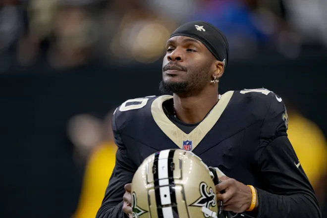 Dec 29, 2024; New Orleans, Louisiana, USA; New Orleans Saints wide receiver Marquez Valdes-Scantling (10) walks the field before a game against the Las Vegas Raiders at Caesars Superdome. Mandatory Credit: Matthew Hinton-Imagn Images