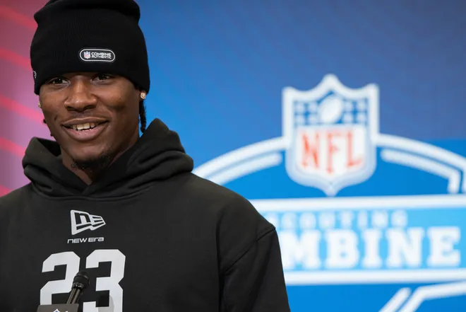 Feb 27, 2026; Indianapolis, IN, USA; SMU wideout Jordan Hudson (WO23) speaks to members of the media during the NFL Combine at the Indiana Convention Center. Mandatory Credit: Jacob Musselman-Imagn Images