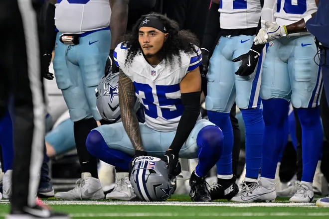 Sep 28, 2025; Arlington, Texas, USA; Dallas Cowboys linebacker Marist Liufau (35) looks on from the sidelines during the game between the Dallas Cowboys and the Green Bay Packers at AT & T Stadium. Mandatory Credit: Jerome Miron-Imagn Images