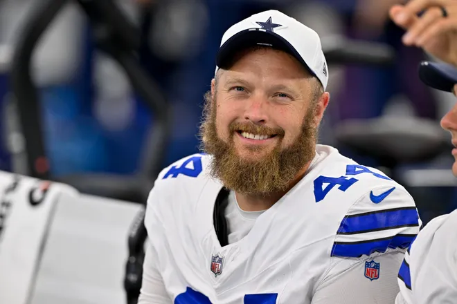 Aug 16, 2025; Arlington, Texas, USA; Dallas Cowboys long snapper Trent Sieg (44) before the game between the Dallas Cowboys and the Baltimore Ravens at AT & T Stadium. Mandatory Credit: Jerome Miron-Imagn Images