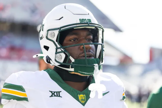 Nov 22, 2025; Tucson, Arizona, USA; Baylor Bears tight end Michael Trigg (1) against the Arizona Wildcats at Casino Del Sol Stadium. Mandatory Credit: Mark J. Rebilas-Imagn Images