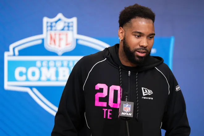 Feb 26, 2026; Indianapolis, IN, USA; TCU tight end DJ Rogers (TE20) speaks to members of the media during the NFL Combine at the Indiana Convention Center. Mandatory Credit: Jacob Musselman-Imagn Images