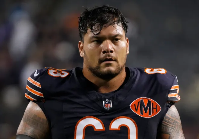 Aug 17, 2025; Chicago, Illinois, USA; Chicago Bears guard Chris Glaser (63) after the game against the Buffalo Bills at Soldier Field. Mandatory Credit: David Banks-Imagn Images