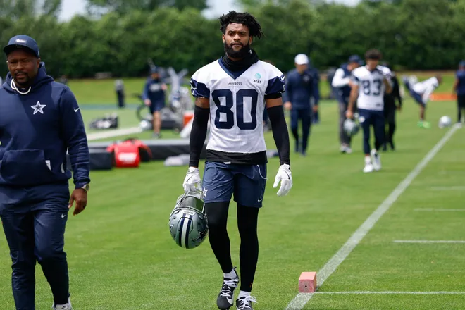 May 1, 2026; Frisco, TX, USA;Dallas Cowboys wide receiver Traeshon Holden (80) walks off the field after practice at the Ford Center at the Star Training Facility in Frisco, Texas. Mandatory Credit: Chris Jones-Imagn Images