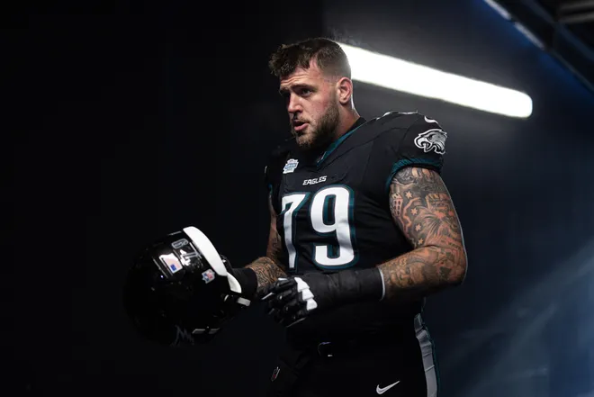 Jan 5, 2025; Philadelphia, Pennsylvania, USA; Philadelphia Eagles guard Trevor Keegan (79) in the tunnel before a game against the New York Giants at Lincoln Financial Field. Mandatory Credit: Bill Streicher-Imagn Images