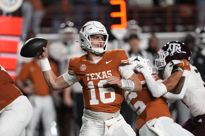 Nov 28, 2025; Austin, Texas, USA; Texas Longhorns quarterback Arch Manning throws a pass during the first half against the Texas A & M Aggies at Darrell K Royal-Texas Memorial Stadium. Mandatory Credit: Scott Wachter-Imagn Images