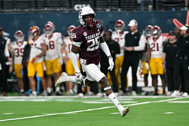 LAS VEGAS, NEVADA - DECEMBER 27: Dalton Brooks #25 of the Texas A & M Aggies runs on the field during the first half of the SRS Distribution Las Vegas Bowl against the USC Trojans at Allegiant Stadium on December 27, 2024 in Las Vegas, Nevada. The Trojans defeated the Aggies 35-31. (Photo by David Becker/Getty Images)