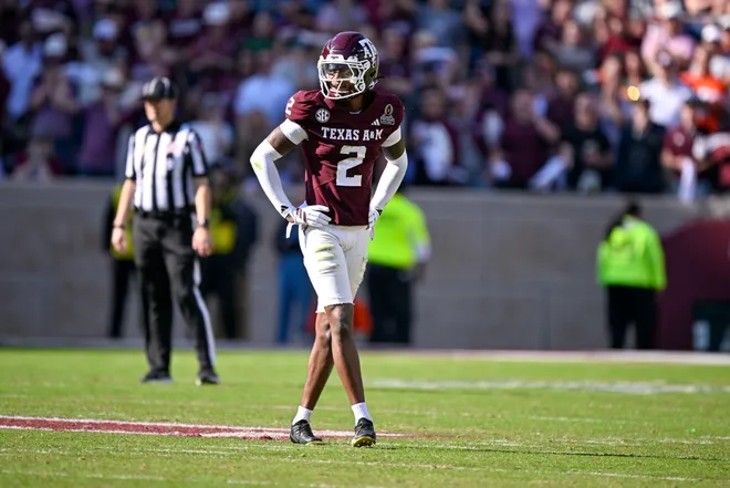 Dec 20, 2025; College Station, TX, USA; Texas A & M Aggies cornerback Dezz Ricks (2) looks on during the game between the Aggies and the Hurricanes at Kyle Field. Mandatory Credit: Jerome Miron-Imagn Images